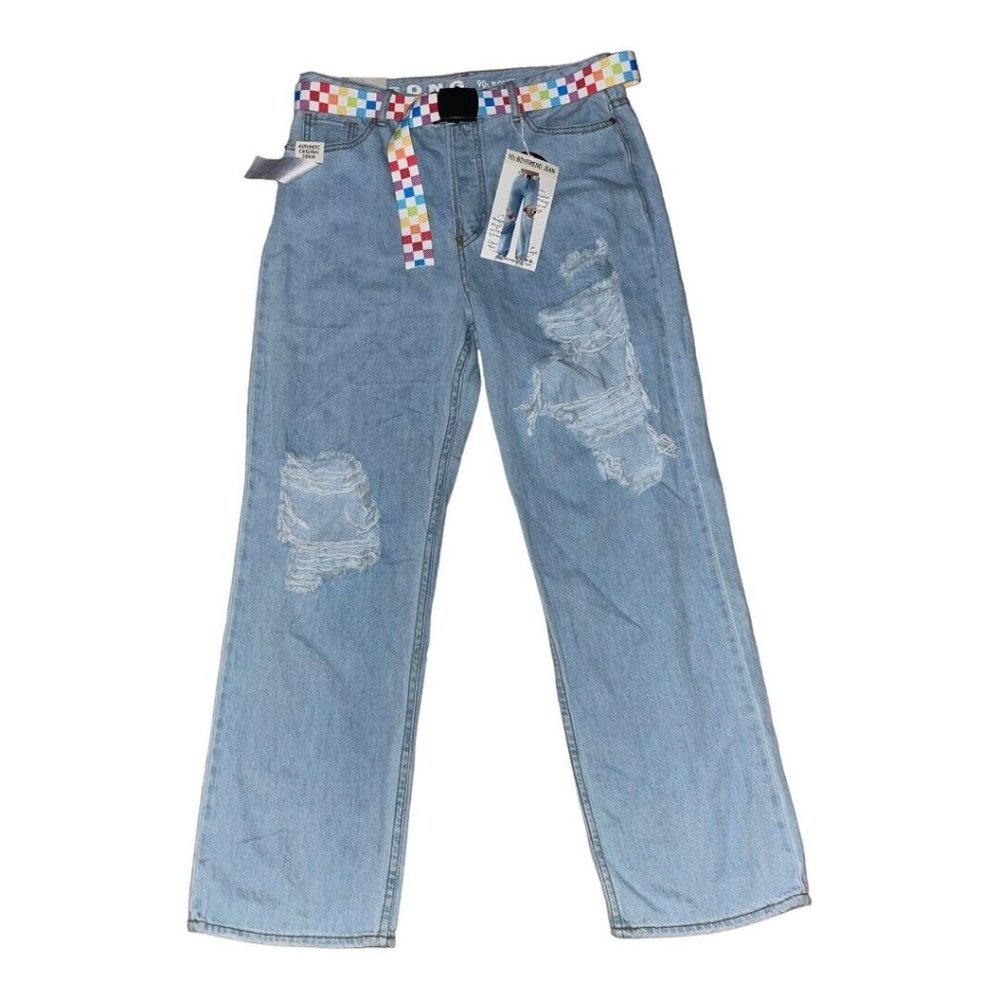 S.O.N.G. Women 90s Boyfriend Jeans 13/31 Rainbow Belt Holes Rips Y2K Grunge NWT